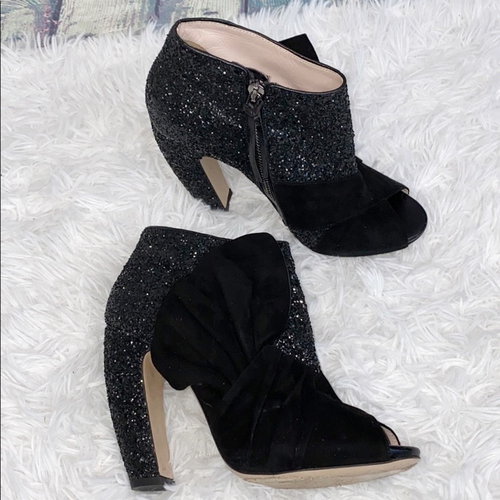 Miu Miu Black Open Toe Sequin Heel Bow Booties 8.… - image 1